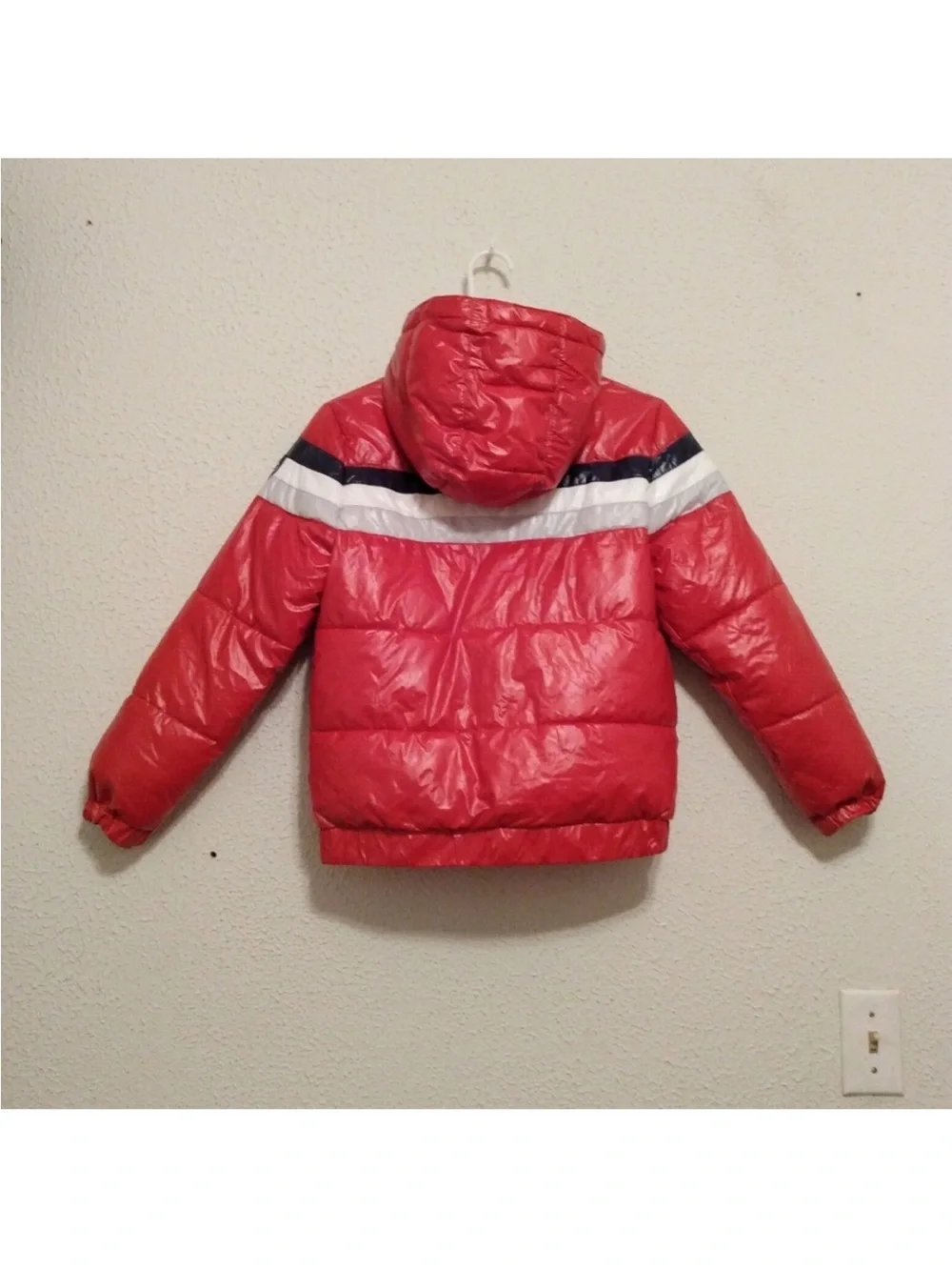 Levi's Red Hooded Puffer Jacket with Navy and White Stripes